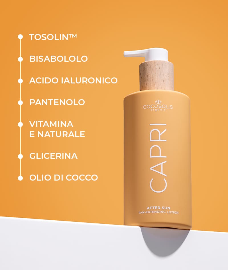CAPRI After Sun Tan-Extending Lotion: Lozione doposole che prolunga l'abbronzatura con TOSOLIN™. Rinfresca, lenisce e idrata la pelle. Prolunga l'abbronzatura fino a 3 mesi se applicata quotidianamente.