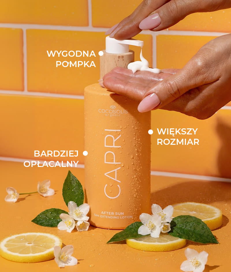 CAPRI After Sun Tan-Extending Lotion: Przedłużający opaleniznę balsam po opalaniu z TOSOLIN™. Odświeża, łagodzi i nawilża skórę. Utrzymuje opaleniznę do 3 miesięcy przy codziennym stosowaniu.