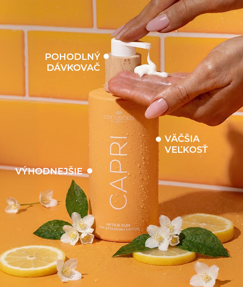 CAPRI After Sun Tan-Extending Lotion: Lotion po slnení predlžujúci opálenie s TOSOLIN™. Osviežuje, upokojuje a hydratuje pokožku. Zachováva opálenie až na 3 mesiace pri každodennom používaní.