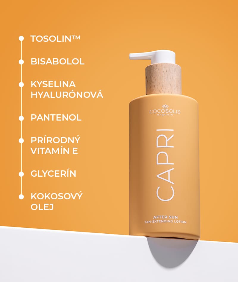 CAPRI After Sun Tan-Extending Lotion: Lotion po slnení predlžujúci opálenie s TOSOLIN™. Osviežuje, upokojuje a hydratuje pokožku. Zachováva opálenie až na 3 mesiace pri každodennom používaní.