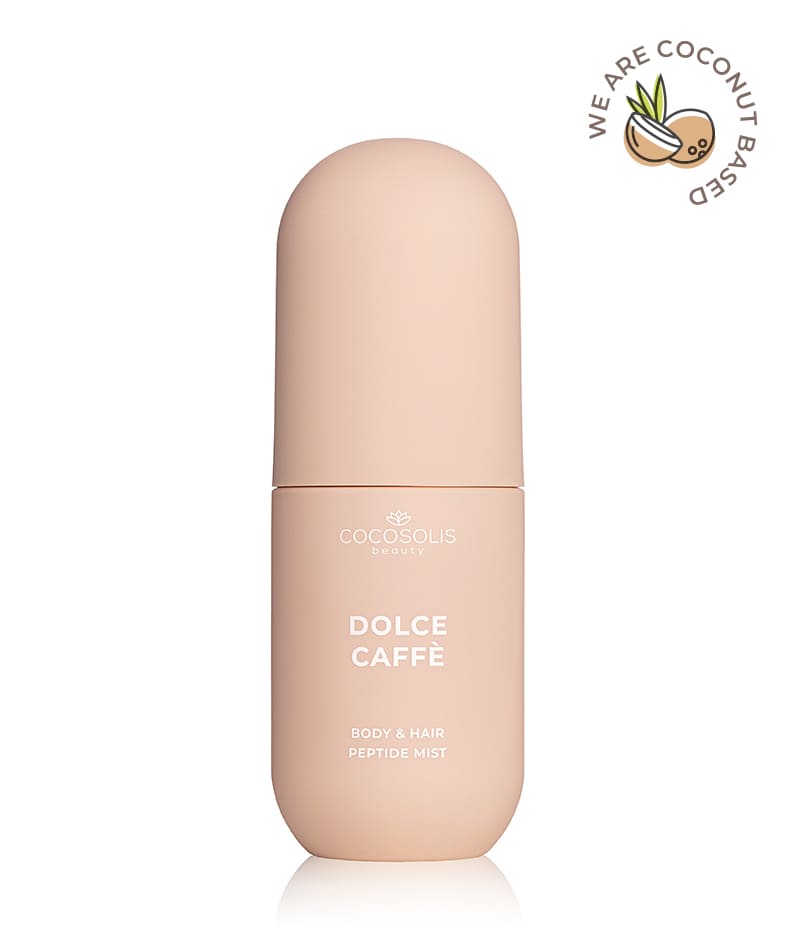 DOLCE CAFFÈ Body & Hair Peptide Mist: Хидратиращ пептиден мист за тяло и коса. Носи усещането за слънчева сутрин с аромат на кафе, ванилия и карамел.