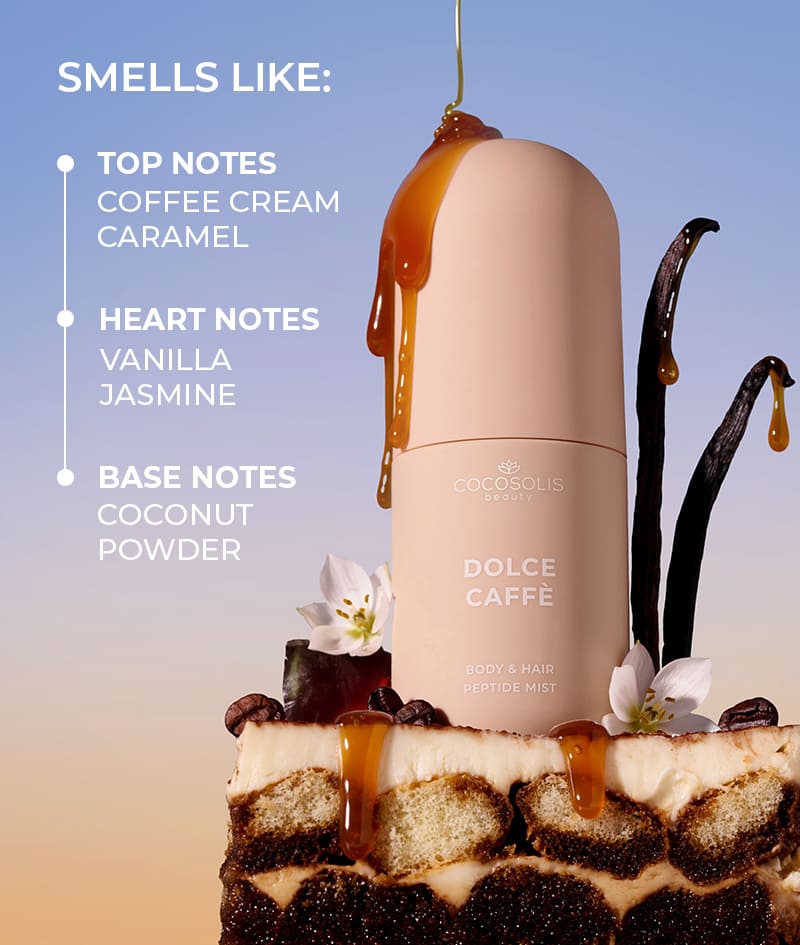 DOLCE CAFFÈ Body & Hair Peptide Mist: Hydrating peptide mist for body and hair. Feels like a sunny morning with the scent of coffee, vanilla and caramel.