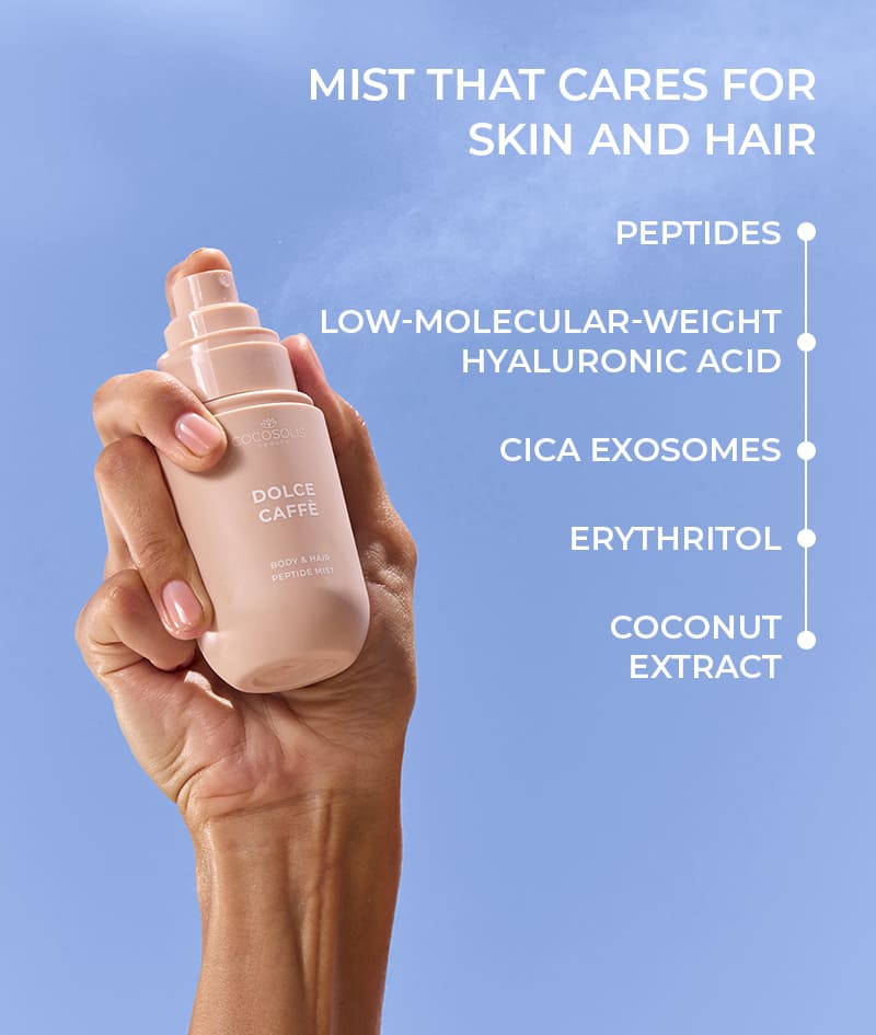 DOLCE CAFFÈ Body & Hair Peptide Mist: Hydrating peptide mist for body and hair. Feels like a sunny morning with the scent of coffee, vanilla and caramel.