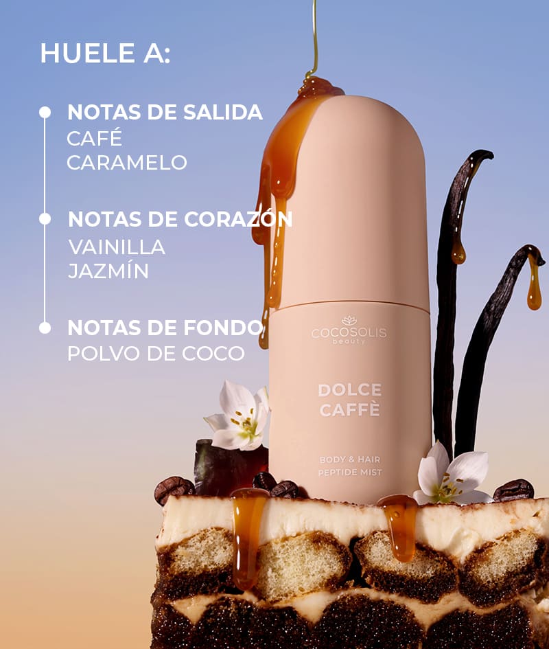 DOLCE CAFFÈ Body & Hair Peptide Mist: Bruma hidratante con péptidos para el cuerpo y el cabello. Trae la sensación de una mañana soleada con aroma a café, vainilla y caramelo.