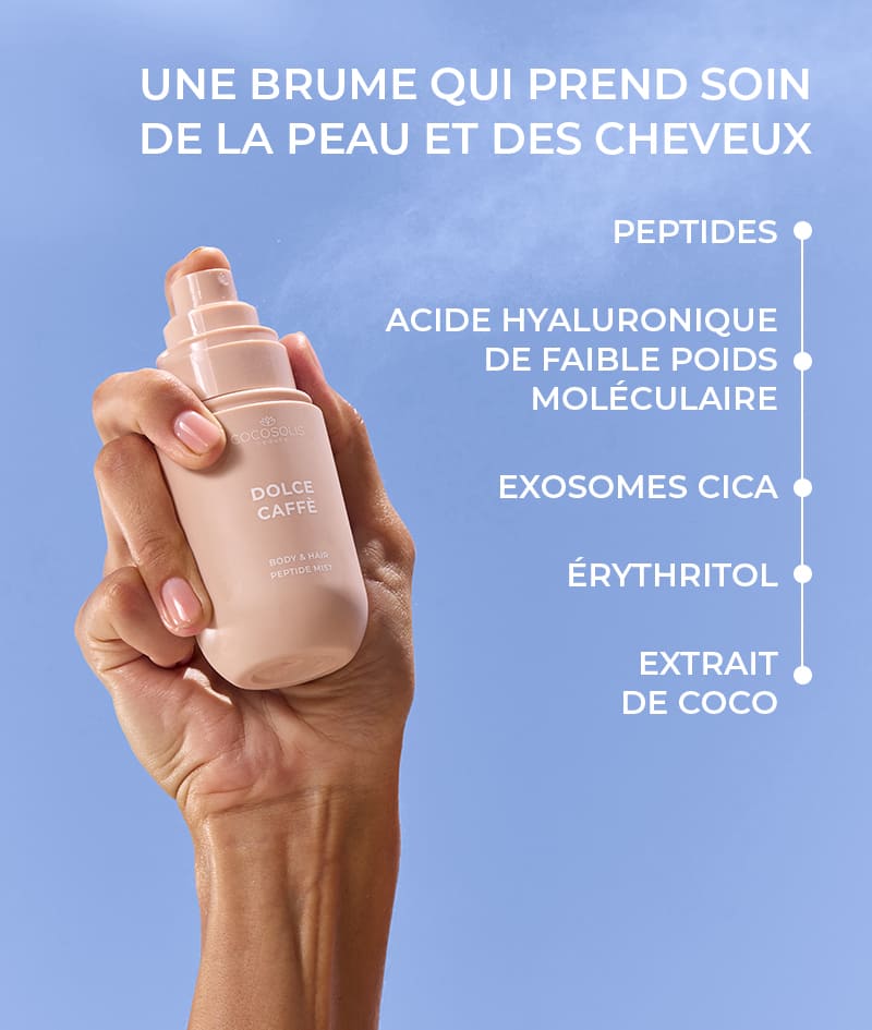 DOLCE CAFFÈ Body & Hair Peptide Mist: Brume hydratante aux peptides pour le corps et les cheveux. Elle apporte la sensation d'un matin ensoleillé aux notes de café, de vanille et de caramel.