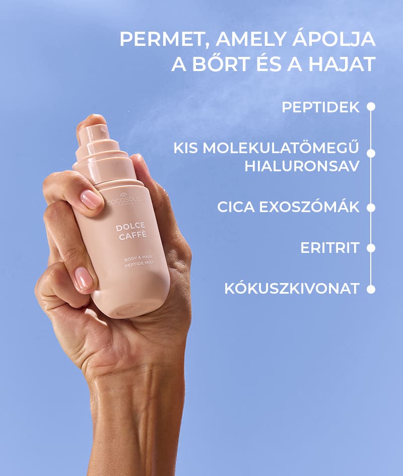 DOLCE CAFFÈ Body & Hair Peptide Mist: Hidratáló peptidpermet testre és hajra. Egy napsütéses reggel érzését hozza kávé, vanília és karamell illatával.