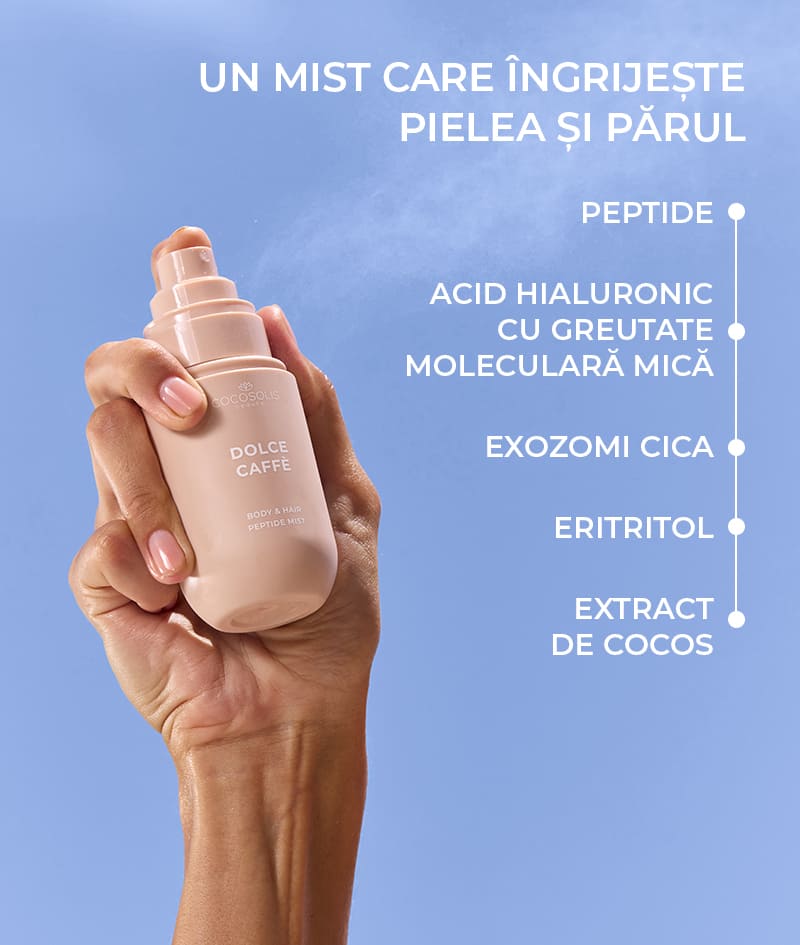 DOLCE CAFFÈ Body & Hair Peptide Mist: Mist hidratant cu peptide pentru corp și păr. Îți dă senzația unei dimineți însorite cu aromă de cafea, vanilie și caramel.