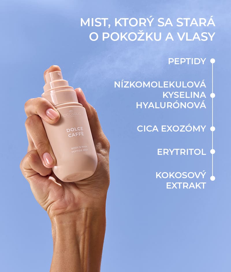DOLCE CAFFÈ Body & Hair Peptide Mist: Hydratačný mist s peptidmi na telo aj vlasy. Prináša pocit slnečného rána s vôňou kávy, vanilky a karamelu.