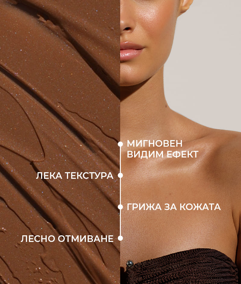 FILTER: Крем за тяло с мигновен филтър ефект. Бронзова кожа, изравнен тен, фин блясък, хидратация. Оптически извайва силуета и изглажда леки несъвършенства. Лесно се нанася и отмива.