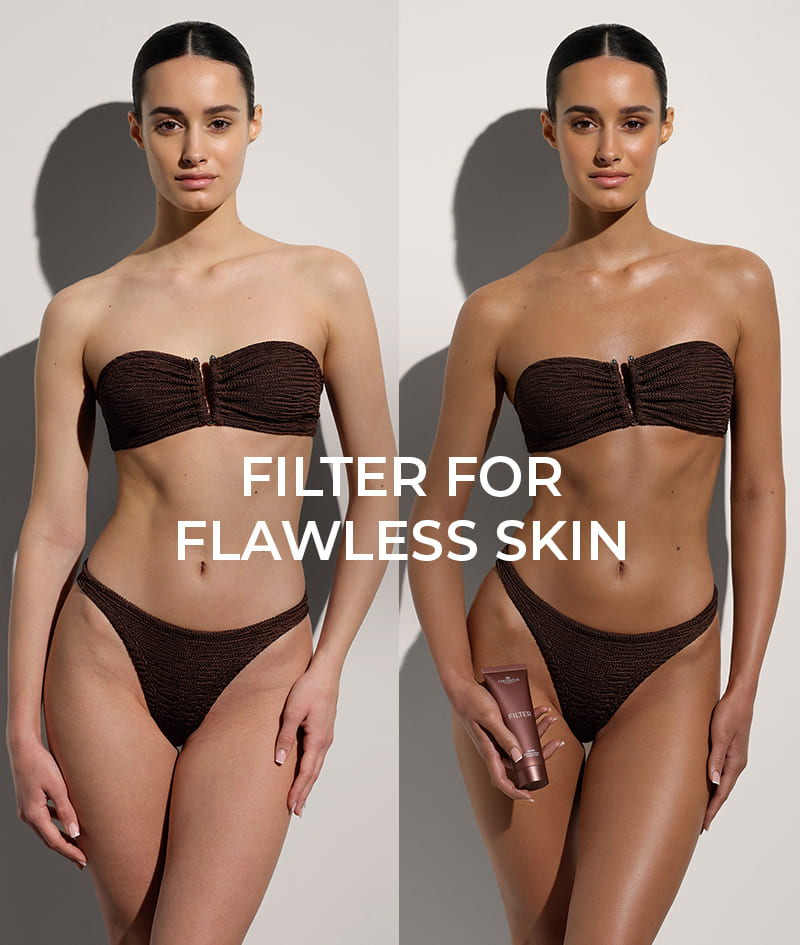 FILTER: Body cream with an instant filter effect. Bronze skin, even tone, delicate glow, and hydration. Visually sculpts the silhouette and smooths minor imperfections. Easy to apply and rinse off.