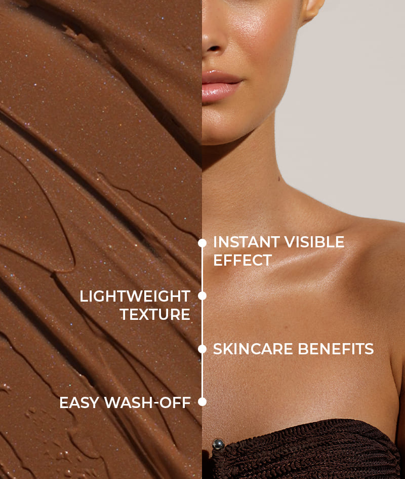 FILTER: Body cream with an instant filter effect. Bronze skin, even tone, delicate glow, and hydration. Visually sculpts the silhouette and smooths minor imperfections. Easy to apply and rinse off.