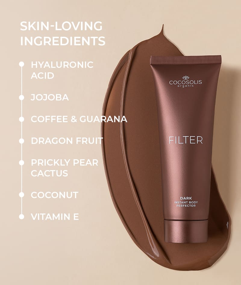 FILTER: Body cream with an instant filter effect. Bronze skin, even tone, delicate glow, and hydration. Visually sculpts the silhouette and smooths minor imperfections. Easy to apply and rinse off.