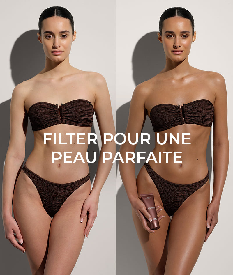 FILTER: Crème corps à effet filtre instantané. Offre à ta peau un bronzage cuivré, un teint uniforme, un glow subtil et une belle dose d’hydratation. Sculpte visuellement la silhouette. Lisse les petites imperfections. S’applique facilement et se rince en un geste.