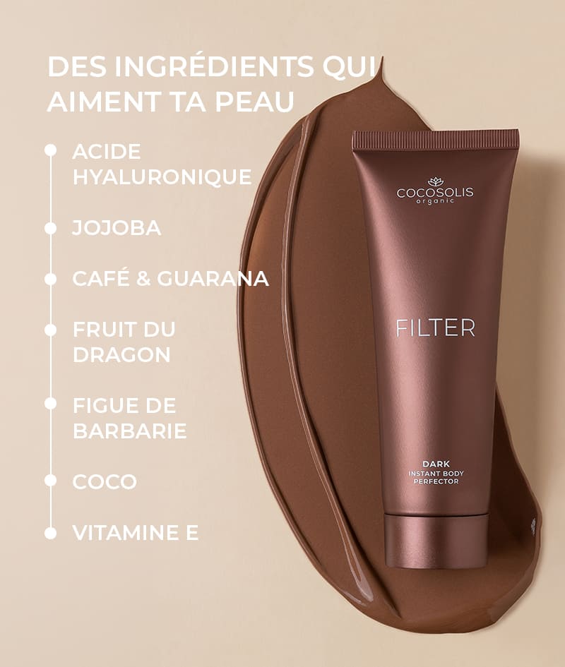 FILTER: Crème corps à effet filtre instantané. Offre à ta peau un bronzage cuivré, un teint uniforme, un glow subtil et une belle dose d’hydratation. Sculpte visuellement la silhouette. Lisse les petites imperfections. S’applique facilement et se rince en un geste.
