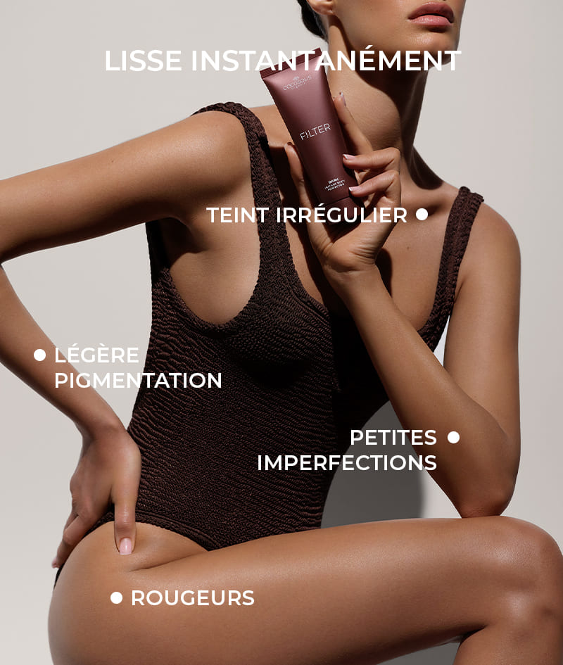 FILTER: Crème corps à effet filtre instantané. Offre à ta peau un bronzage cuivré, un teint uniforme, un glow subtil et une belle dose d’hydratation. Sculpte visuellement la silhouette. Lisse les petites imperfections. S’applique facilement et se rince en un geste.