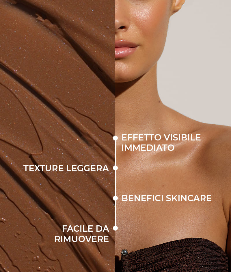 FILTER: Crema corpo con effetto filtro istantaneo. Regala alla pelle un colorito bronzeo, uniforme e un glow delicato, con un boost di idratazione. Valorizza otticamente la silhouette e attenua le piccole imperfezioni. Facile da applicare, facile da risciacquare.
