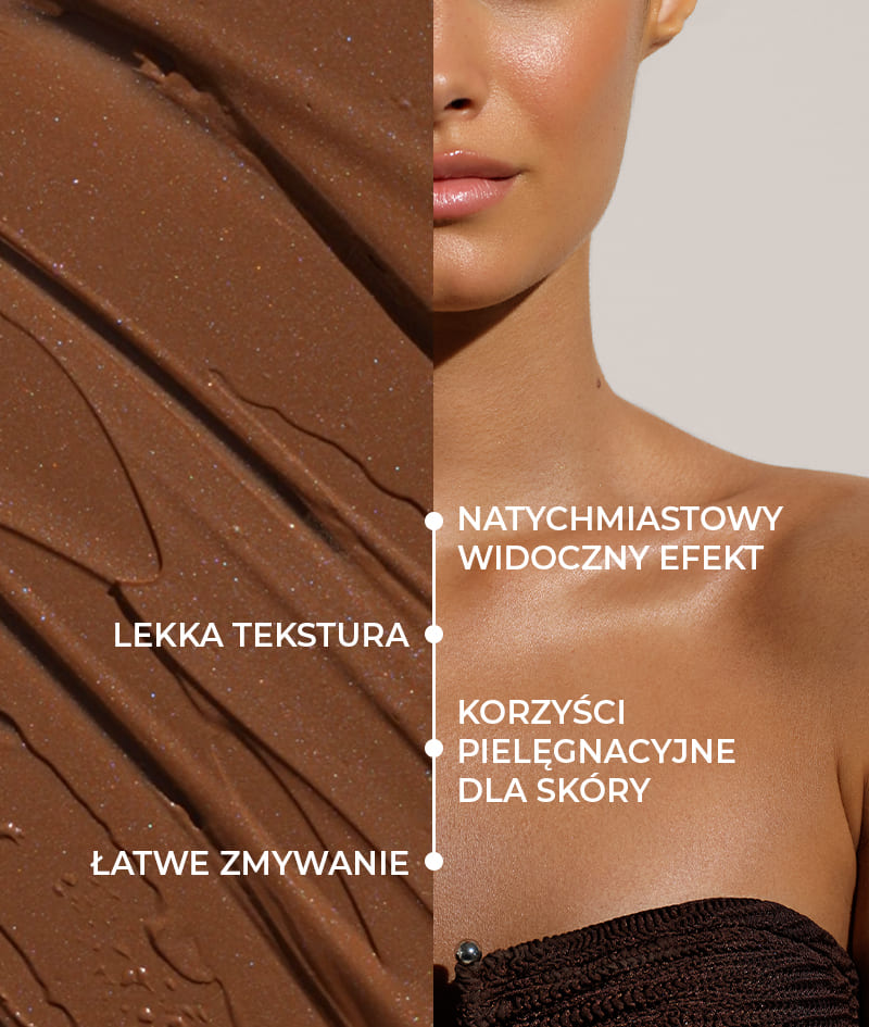 FILTER: Krem do ciała z natychmiastowym efektem filtra. Brązowa skóra, wyrównany koloryt, subtelny blask i nawilżenie. Optycznie modeluje sylwetkę i wygładza drobne niedoskonałości. Łatwo się rozprowadza i zmywa.