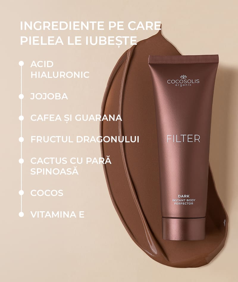 FILTER: Cremă de corp cu efect de filtru instant. Oferă pielii un bronz luminos, un ton uniform, strălucire delicată și hidratare. Conturează vizual silueta și estompează micile imperfecțiuni. Se aplică ușor și se îndepărtează rapid.