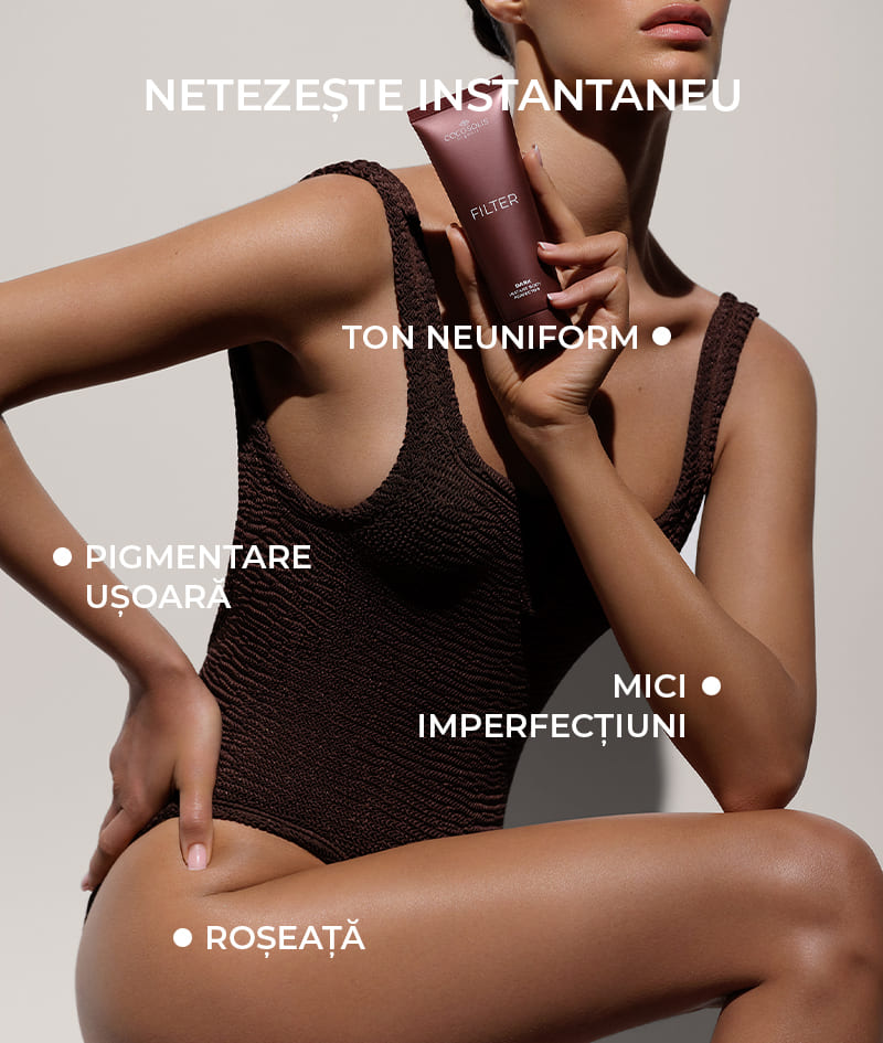 FILTER: Cremă de corp cu efect de filtru instant. Oferă pielii un bronz luminos, un ton uniform, strălucire delicată și hidratare. Conturează vizual silueta și estompează micile imperfecțiuni. Se aplică ușor și se îndepărtează rapid.