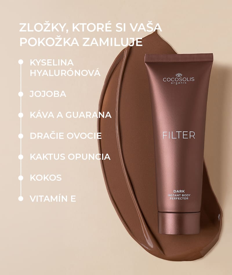 FILTER: Telový krém s okamžitým filter efektom. Dopraj si bronzovú pokožku, zjednotený tón, jemný glow a hydratáciu. Opticky vytvaruje siluetu a vyhladí drobné nedokonalosti. Ľahko sa nanáša aj zmýva.