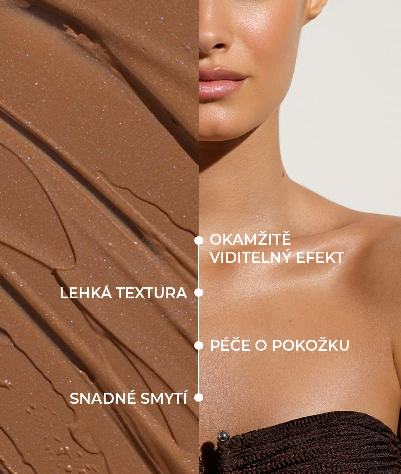 FILTER: Tělový krém s okamžitým filter efektem. Bronzovější pokožka, rovnoměrné  opálení, jemná záře a hydratace. Opticky tvaruje siluetu a vyhlazuje drobné nedokonalosti. Snadno se nanáší i smývá.