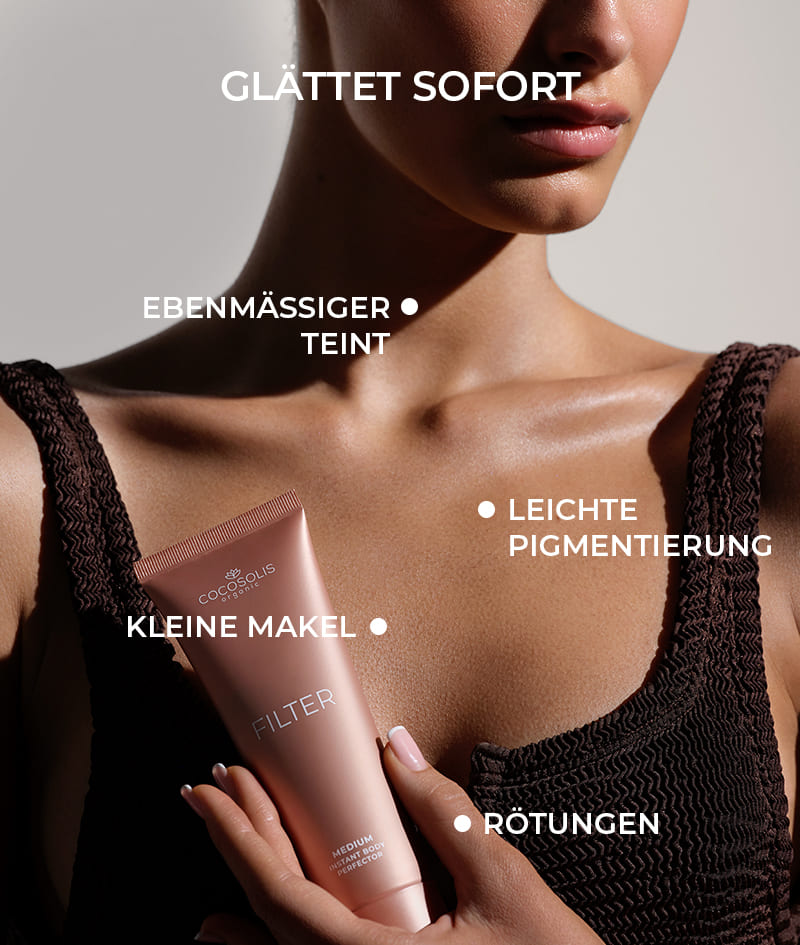 FILTER: Body Cream mit Sofort-Filter-Effekt. Für bronzene Haut, ebenmäßige Bräune, feinen Glow, Hydration. Modelliert die Silhouette und glättet kleine Makel. Leicht aufzutragen und abzuwaschen.