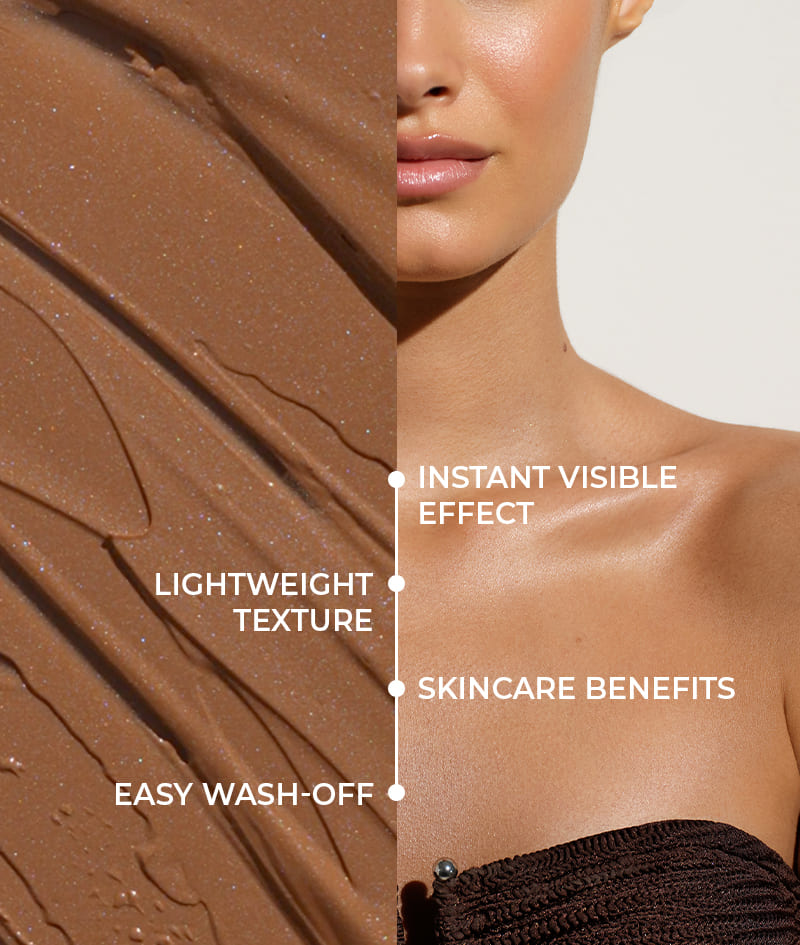 FILTER: Body cream with an instant filter effect. Bronze skin, even tone, delicate glow, and hydration. Visually sculpts the silhouette and smooths minor imperfections. Easy to apply and rinse off.