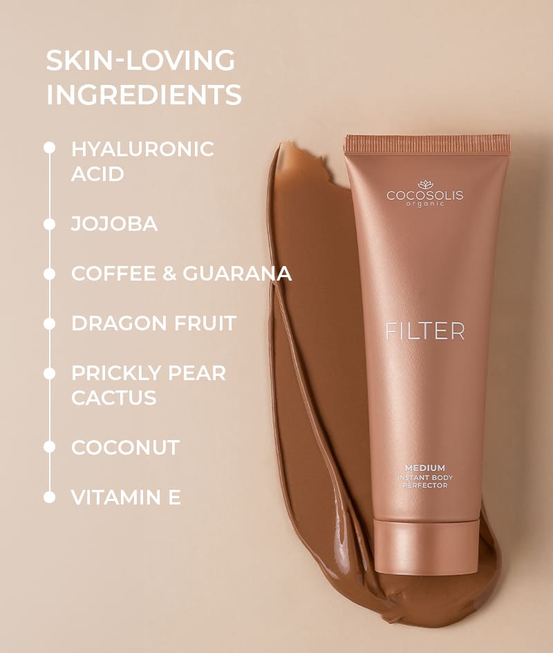 FILTER: Body cream with an instant filter effect. Bronze skin, even tone, delicate glow, and hydration. Visually sculpts the silhouette and smooths minor imperfections. Easy to apply and rinse off.