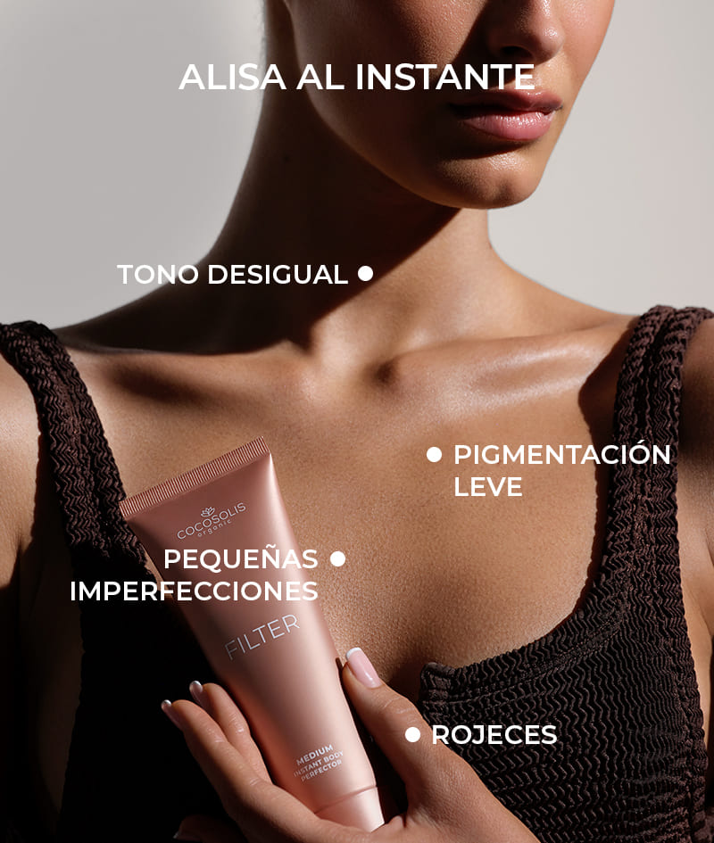 FILTER: Crema corporal con efecto filtro instantáneo. Piel bronceada, tono uniforme, brillo sutil e hidratación. Realza visualmente la silueta y difumina pequeñas imperfecciones. Fácil de aplicar y de retirar.
