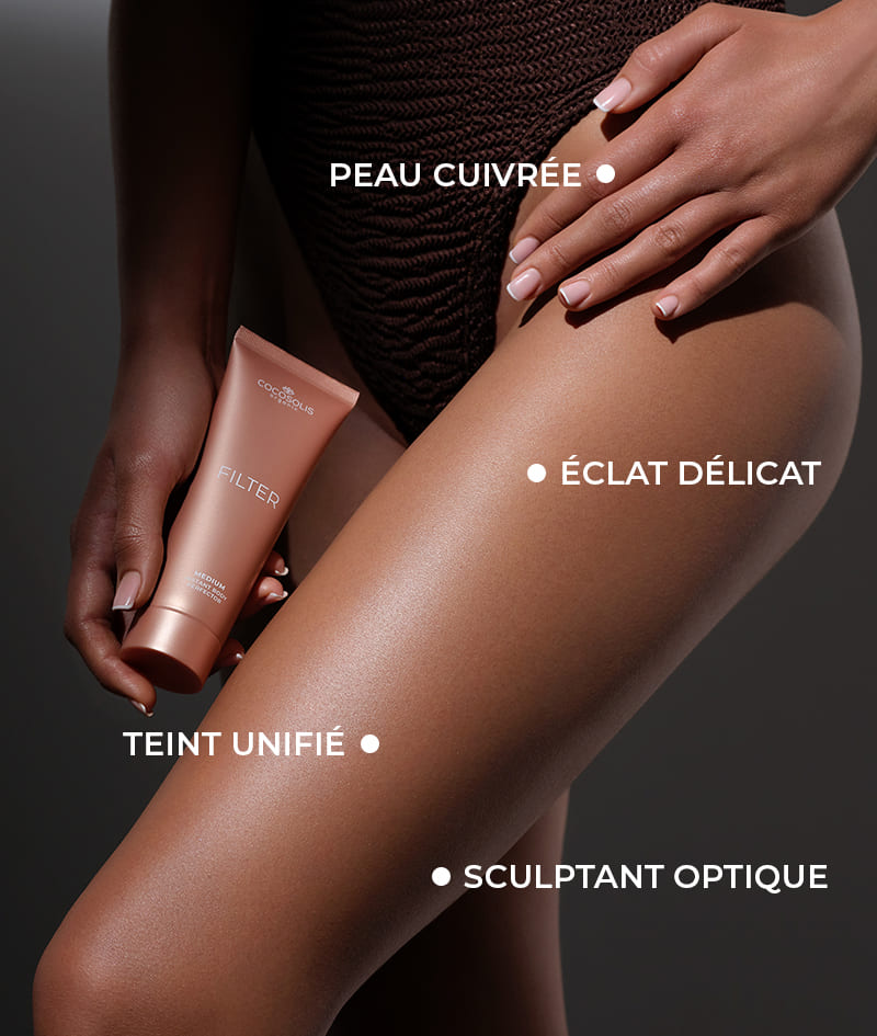 FILTER: Crème corps à effet filtre instantané. Offre à ta peau un bronzage cuivré, un teint uniforme, un glow subtil et une belle dose d’hydratation. Sculpte visuellement la silhouette. Lisse les petites imperfections. S’applique facilement et se rince en un geste.