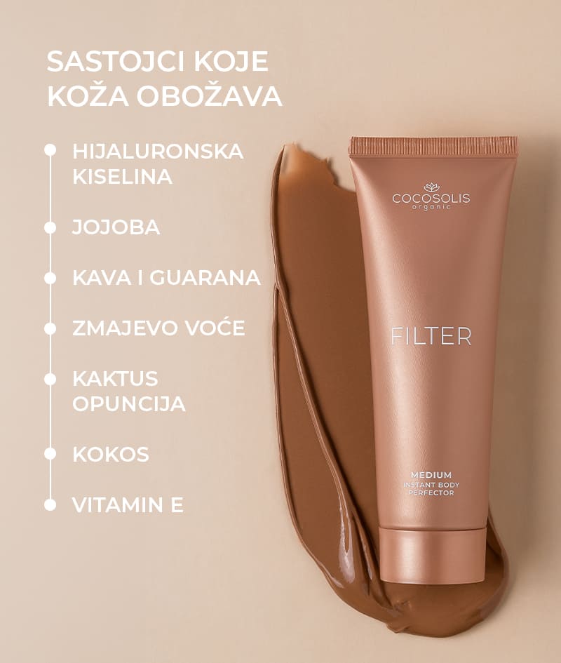 FILTER: Krema za tijelo s trenutačnim efektom filtra. Brončana koža, ujednačena boja kože, suptilan sjaj i hidratacija. Optički oblikuje siluetu i zaglađuje sitne nesavršenosti. Lako se nanosi i jednostavno ispire.
