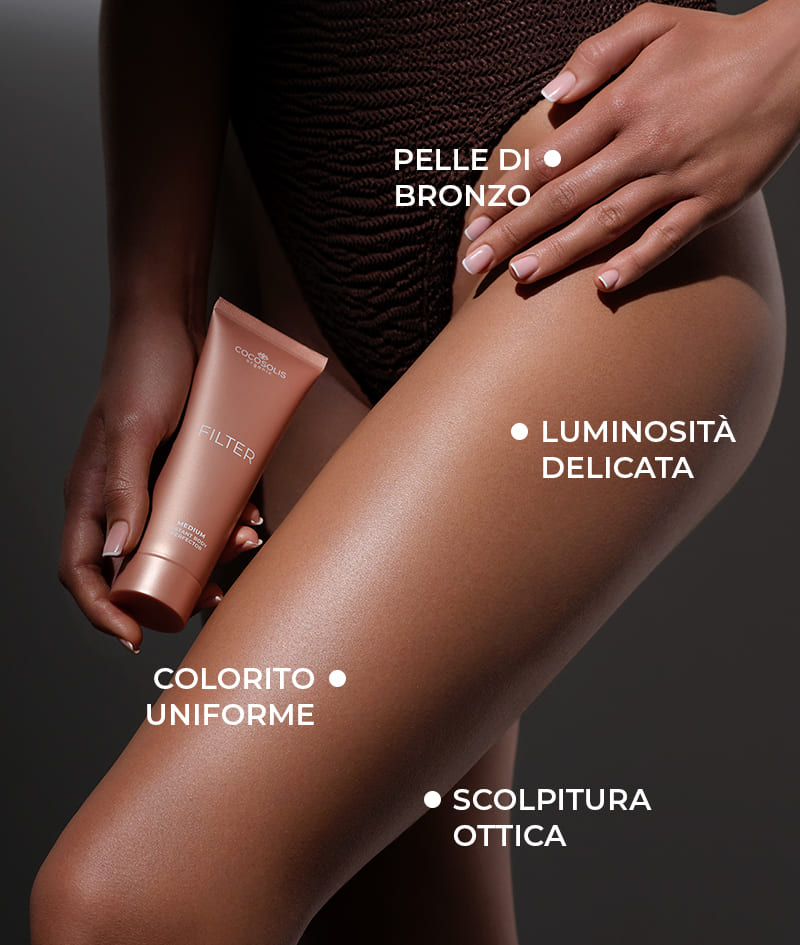 FILTER: Crema corpo con effetto filtro istantaneo. Regala alla pelle un colorito bronzeo, uniforme e un glow delicato, con un boost di idratazione. Valorizza otticamente la silhouette e attenua le piccole imperfezioni. Facile da applicare, facile da risciacquare.