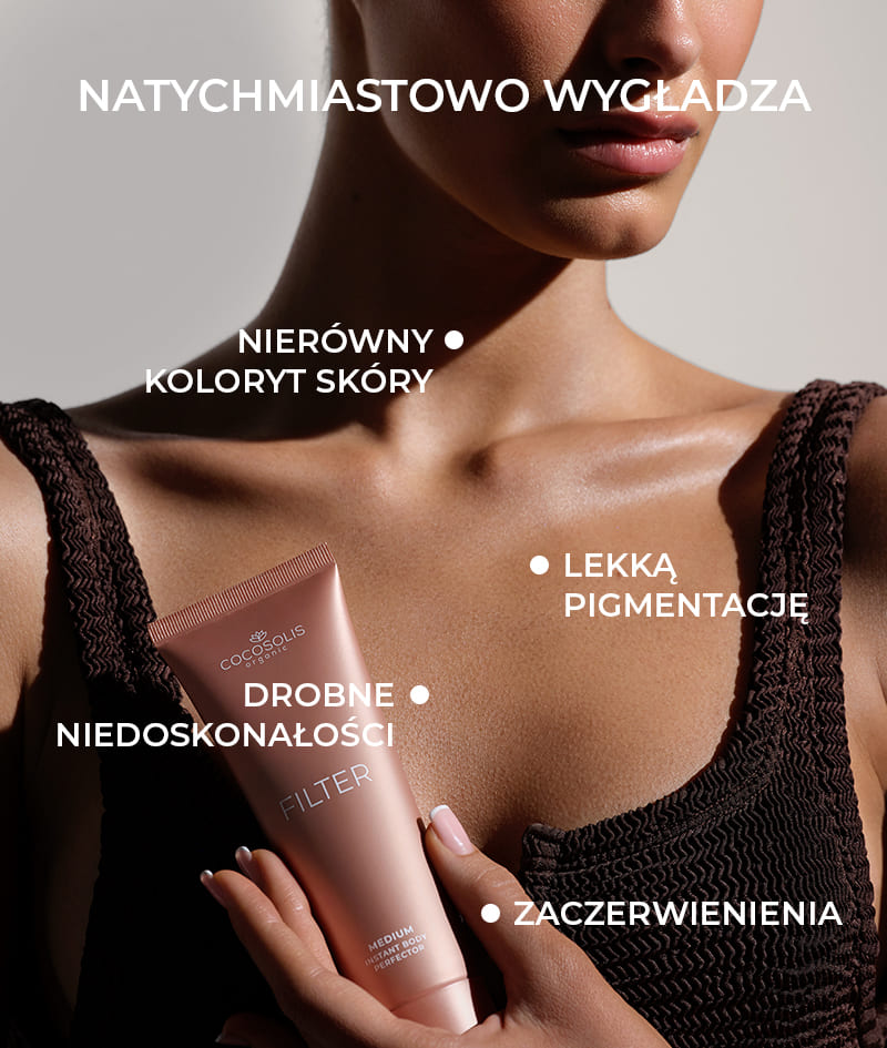 FILTER: Krem do ciała z natychmiastowym efektem filtra. Brązowa skóra, wyrównany koloryt, subtelny blask i nawilżenie. Optycznie modeluje sylwetkę i wygładza drobne niedoskonałości. Łatwo się rozprowadza i zmywa.