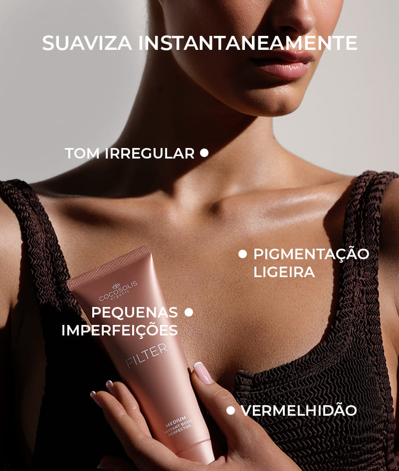 FILTER: Creme corporal com efeito de filtro instantâneo. Pele bronzeada, tom uniforme, brilho delicado e hidratação. Modela visualmente a silhueta e suaviza pequenas imperfeições. Fácil de aplicar e de remover.