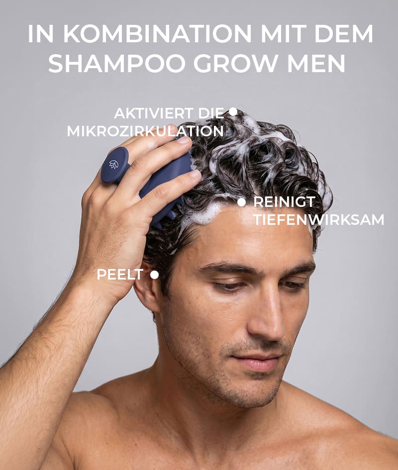 GROW Men’s Scalp Massager: Kopfhaut-Massagebürste für Männer. Stimuliert die Mikrozirkulation und das Haarwachstum. Verbessert die Aufnahme der Aktiv-Wirkstoffe beim Auftragen der Produkte der GROW Men Anti-Haarausfall-Therapie.