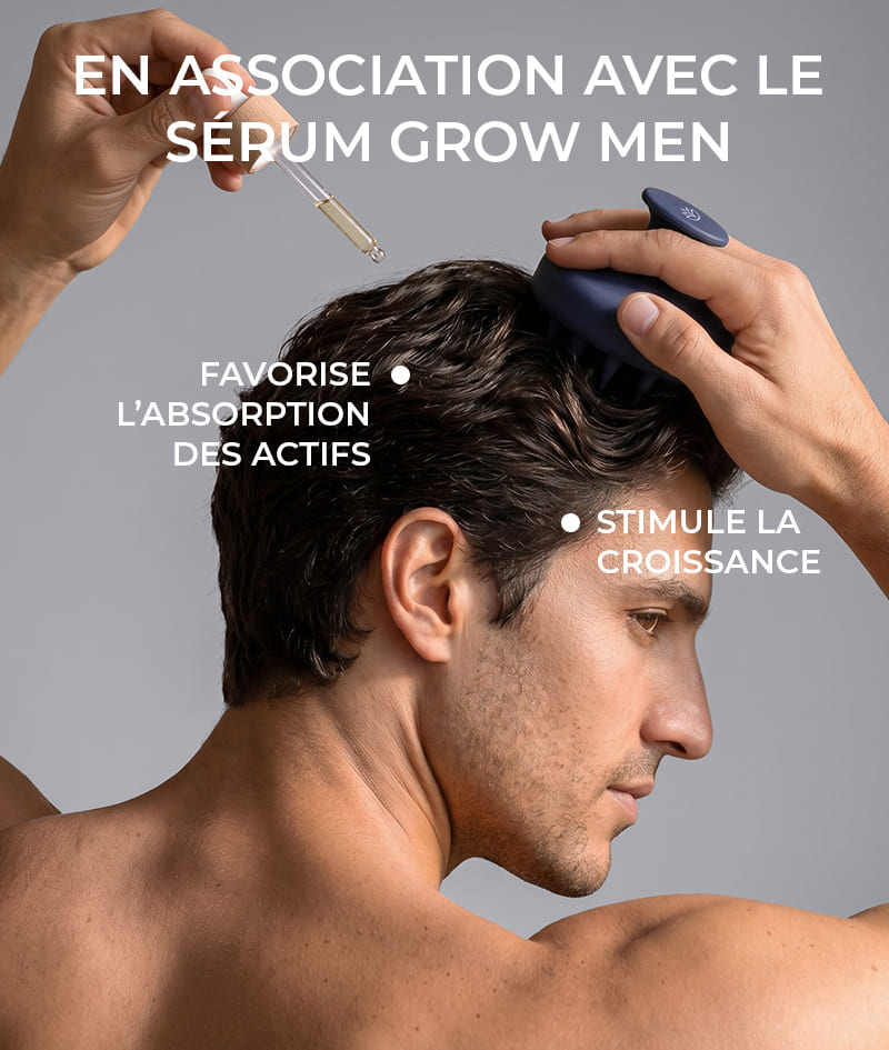 GROW Men’s Scalp Massager: Masseur de cuir chevelu pour hommes. Stimule la microcirculation et favorise la croissance capillaire. Optimise l’absorption des actifs lors de l’application des soins anti-chute GROW Men.