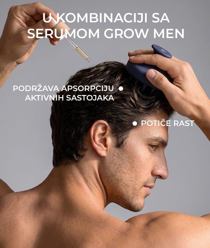 GROW Men’s Scalp Massager: Masažer za vlasište za muškarce. Potiče mikrocirkulaciju i rast kose. Pomaže apsorpciji aktivnih sastojaka pri nanošenju proizvoda iz GROW Men terapije protiv ispadanja kose.