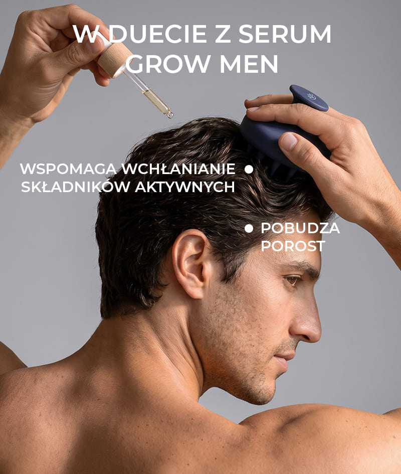 GROW Men’s Scalp Massager: Masażer do skóry głowy dla mężczyzn. Pobudza mikrokrążenie i wspiera wzrost włosów. Ułatwia wchłanianie aktywnych składników podczas stosowania produktów z terapii przeciw wypadaniu włosów GROW Men.