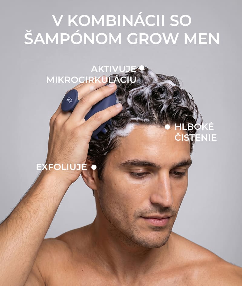 GROW Men’s Scalp Massager: Masážna kefka na pokožku hlavy pre mužov. Podporuje mikrocirkuláciu a rast vlasov. Zlepšuje vstrebávanie aktívnych látok pri aplikácii produktov GROW Men proti vypadávaniu vlasov.