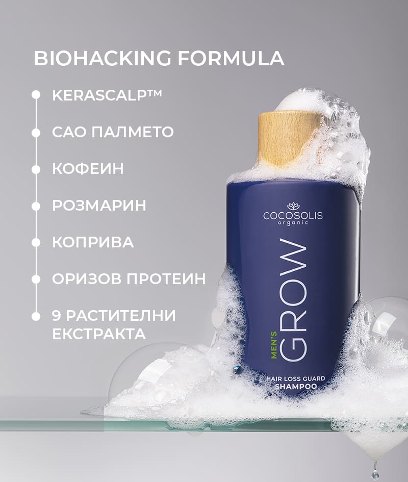 GROW Men’s Hair Loss Guard Shampoo: Шампоан за мъже против косопад с KERASCALP™ и биостимулатори. Таргетира хормона DHT. Активира растежа и забавя биологичното стареене на скалпа. 