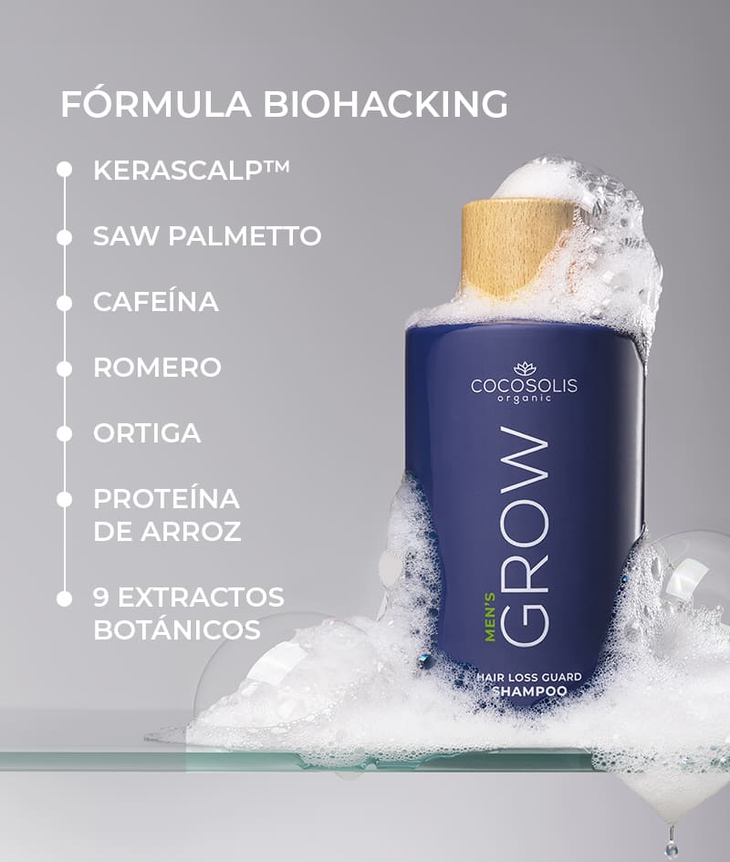 GROW Men’s Hair Loss Guard Shampoo: Champú anticaída para hombre con KERASCALP™ y biestimulantes <strong>bioestimuladores</strong>. Actúa contra la DHT. Estimula el crecimiento y ayuda a frenar el envejecimiento del cuero cabelludo.