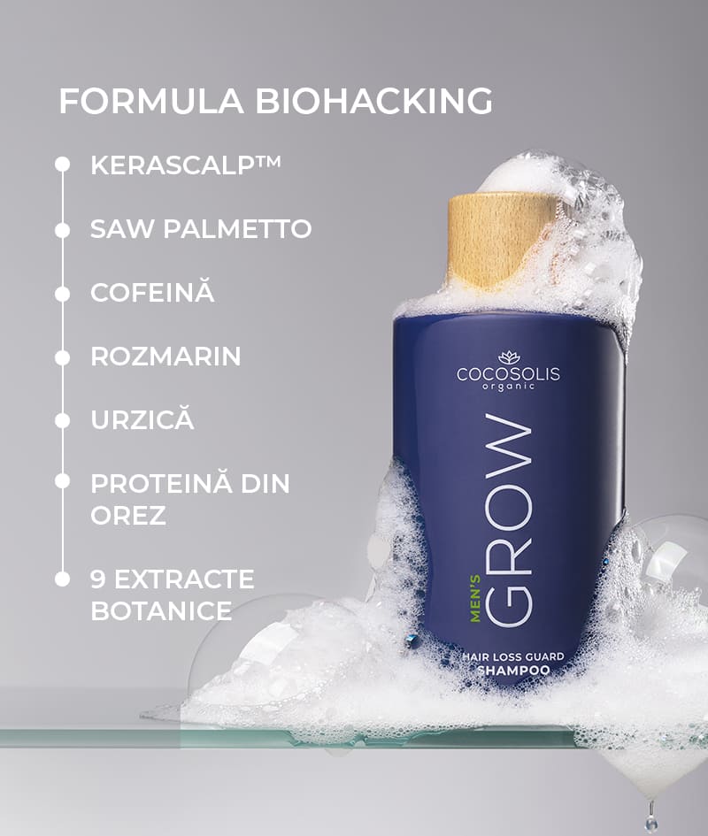GROW Men’s Hair Loss Guard Shampoo: Șampon anti-cădere pentru bărbați cu KERASCALP™ și biostimulatori. Acționează direct asupra DHT. Activează creșterea părului și încetinește îmbătrânirea scalpului.