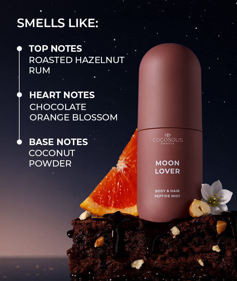 MOON LOVER Body & Hair Peptide Mist: Hydrating peptide mist for body and hair. Feels like an irresistible midnight dessert with rum and chocolate.