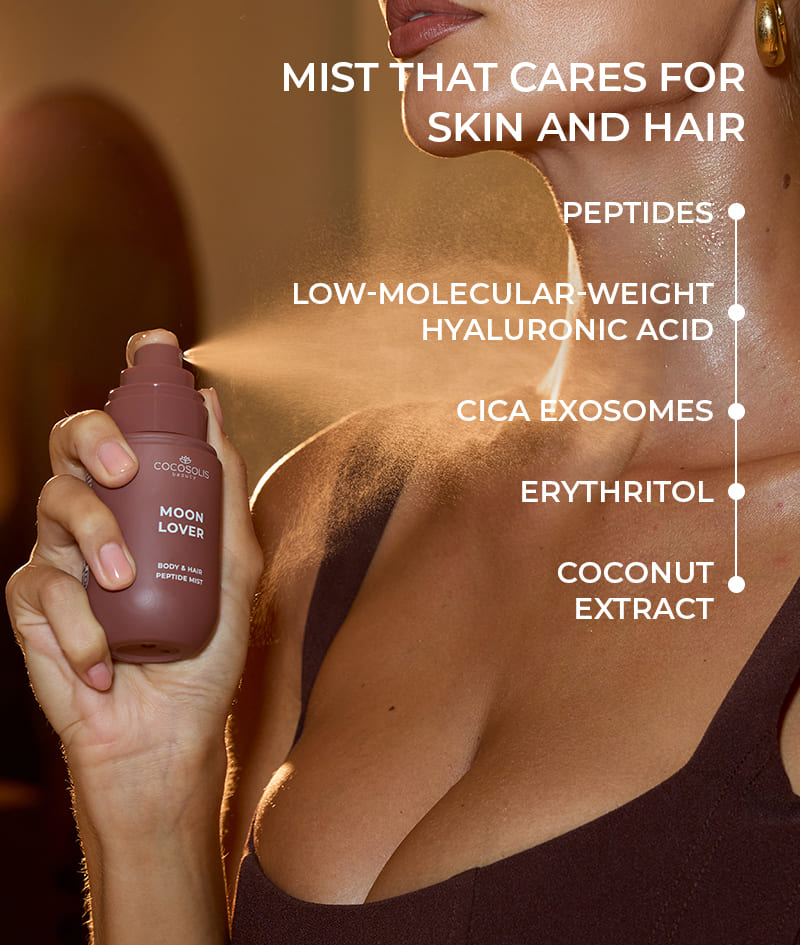 MOON LOVER Body & Hair Peptide Mist: Hydrating peptide mist for body and hair. Feels like an irresistible midnight dessert with rum and chocolate.