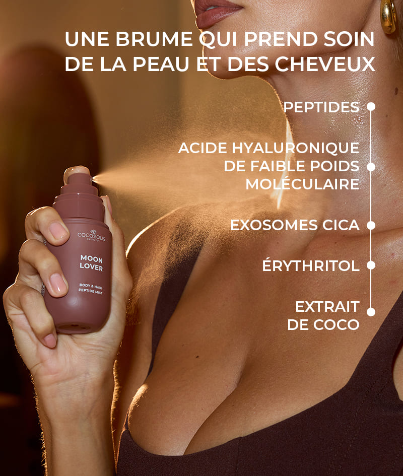 MOON LOVER Body & Hair Peptide Mist: Brume hydratante aux peptides pour le corps et les cheveux. Elle apporte la sensation d'un dessert irrésistible au rhum et au chocolat à minuit.