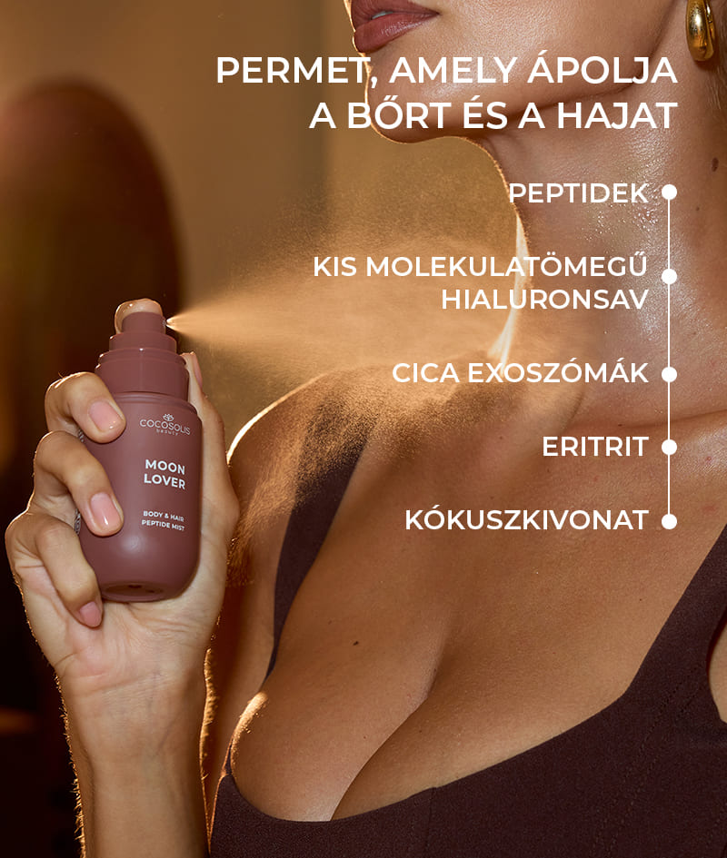 MOON LOVER Body & Hair Peptide Mist: Hidratáló peptidpermet testre és hajra. Egy ellenállhatatlan, rumos-csokoládés éjféli desszert érzését hozza.