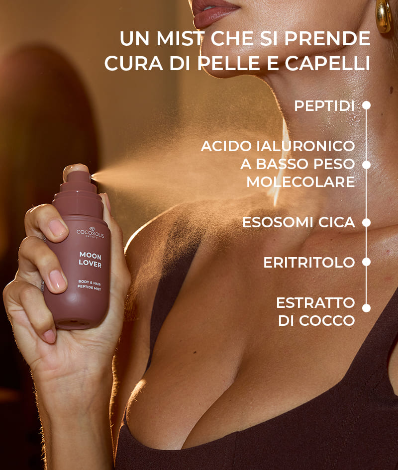 MOON LOVER Body & Hair Peptide Mist: Mist idratante con peptidi per corpo e capelli. Regala la sensazione di un dessert irresistibile con rum e cioccolato a mezzanotte.
