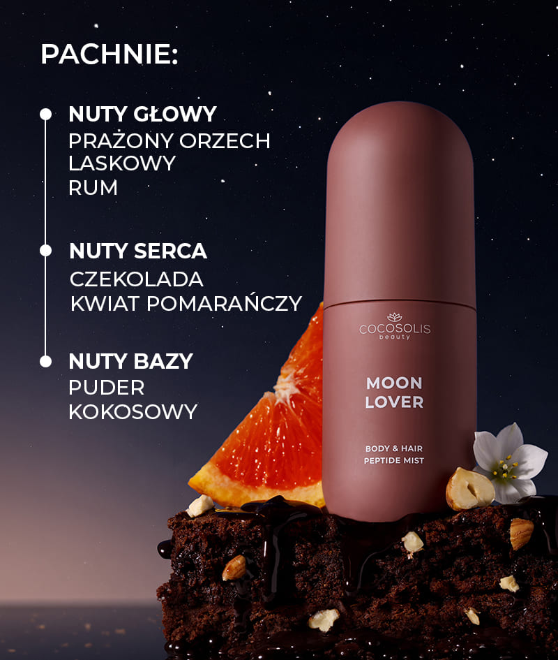 MOON LOVER Body & Hair Peptide Mist: Nawilżająca mgiełka peptydowa do ciała i włosów. Przywodzi na myśl kuszący deser o północy z nutami rumu i czekolady, któremu nie sposób się oprzeć.