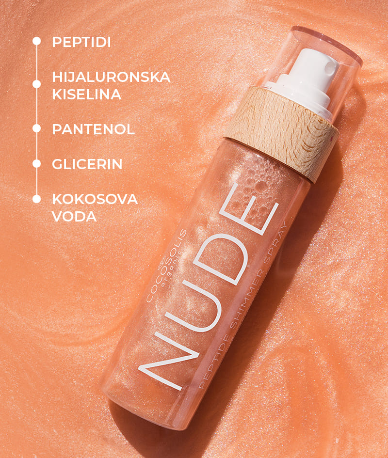 NUDE Peptide Shimmer Spray: Prirodni svjetlucavi sprej s peptidima za lice, tijelo i kosu. Osvjetljava, hidratizira, pomlađuje.
<br><strong>Sjaj: Nude</strong>