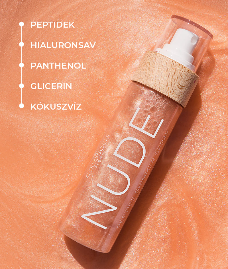NUDE Peptide Shimmer Spray: Természetes ragyogó spray peptidekkel arcra, testre és hajra. Gyengéden fénylik, hidratál és fiatalít.
<br><strong>Csillogás: Nude</strong>